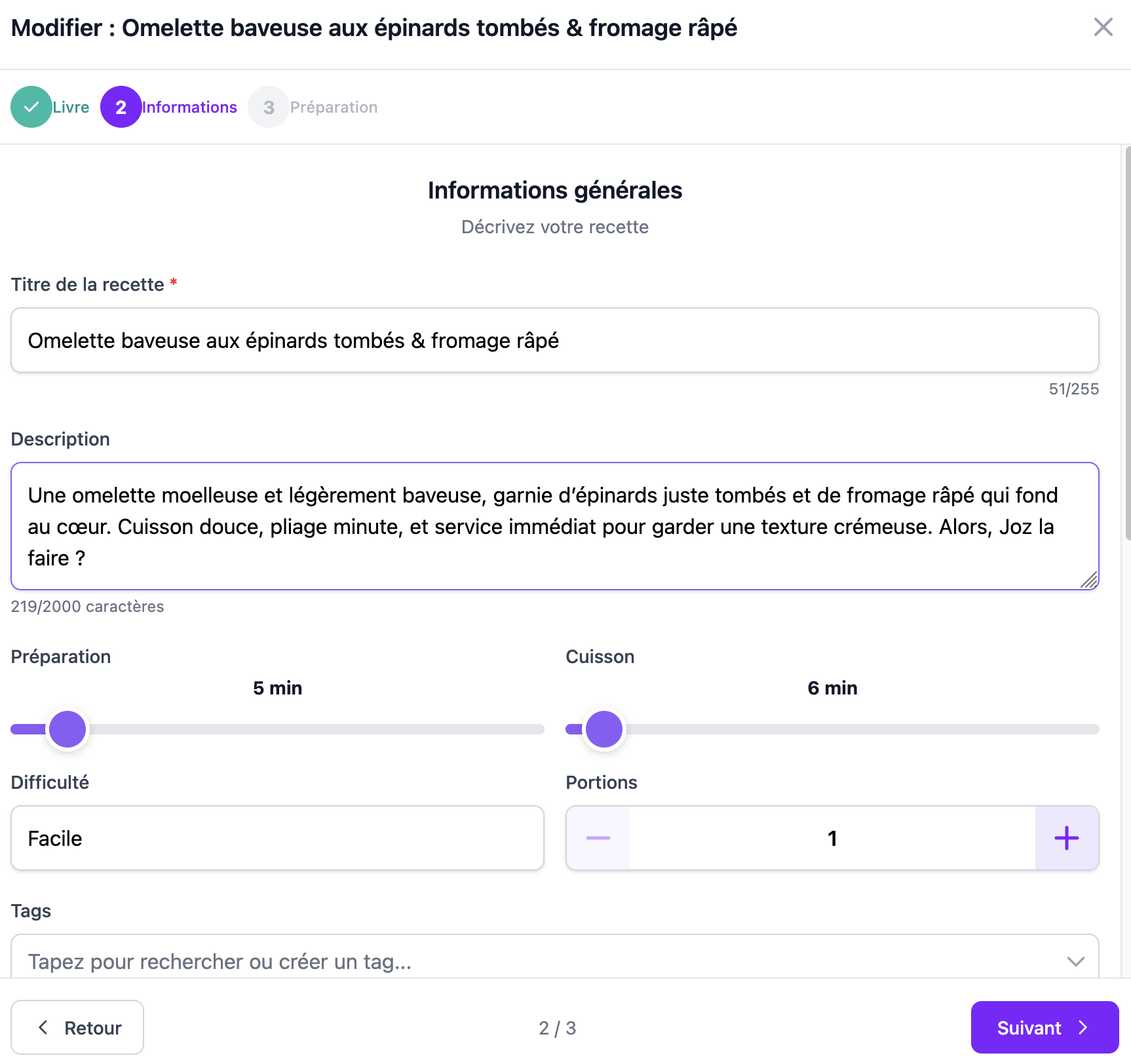 Personnalisation de la recette générée