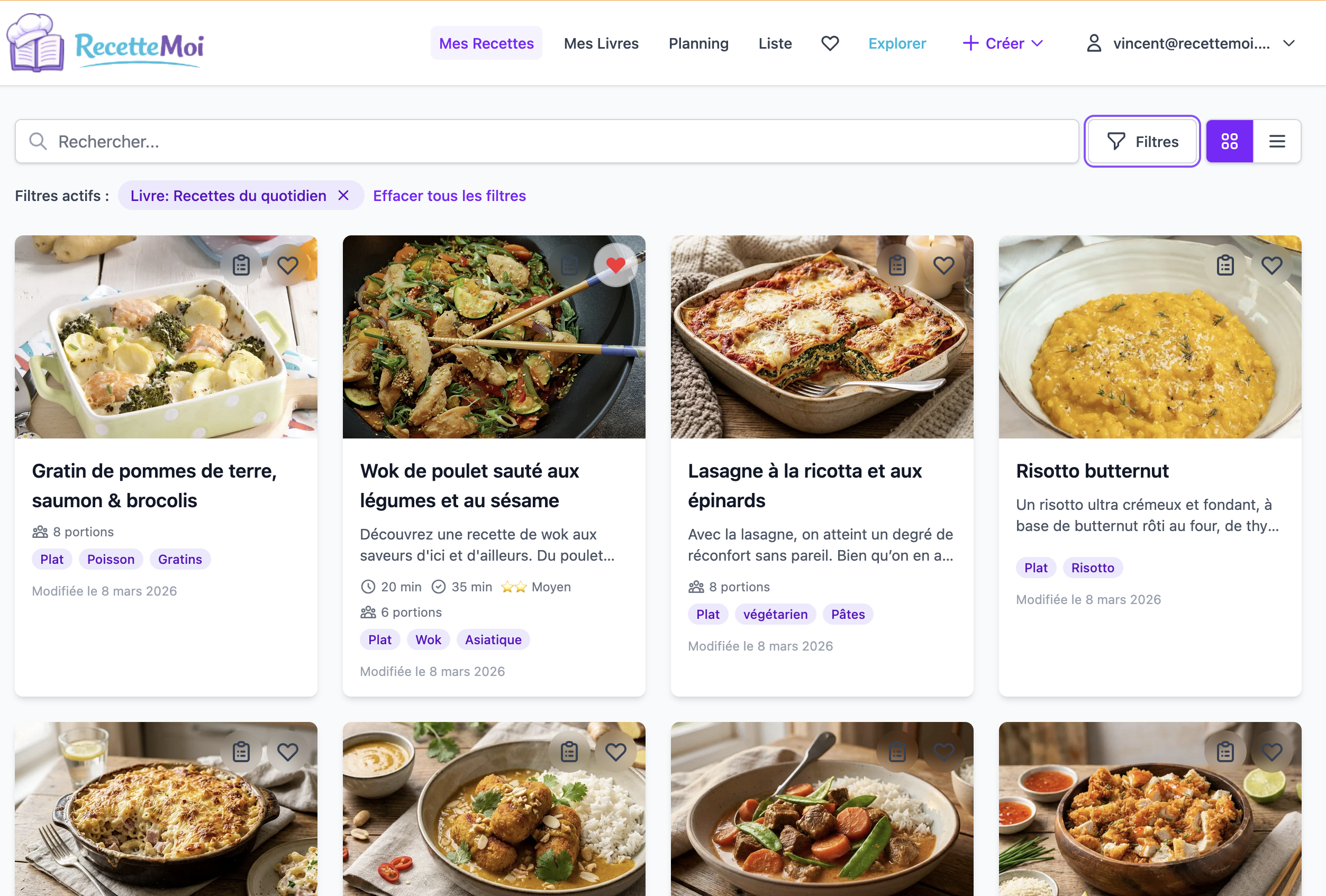 Interface de RecetteMoi montrant la liste des recettes organisées par livres de cuisine