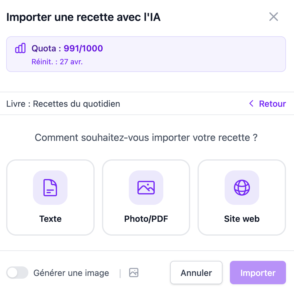 Sélection du mode d'import — URL, photo ou texte libre