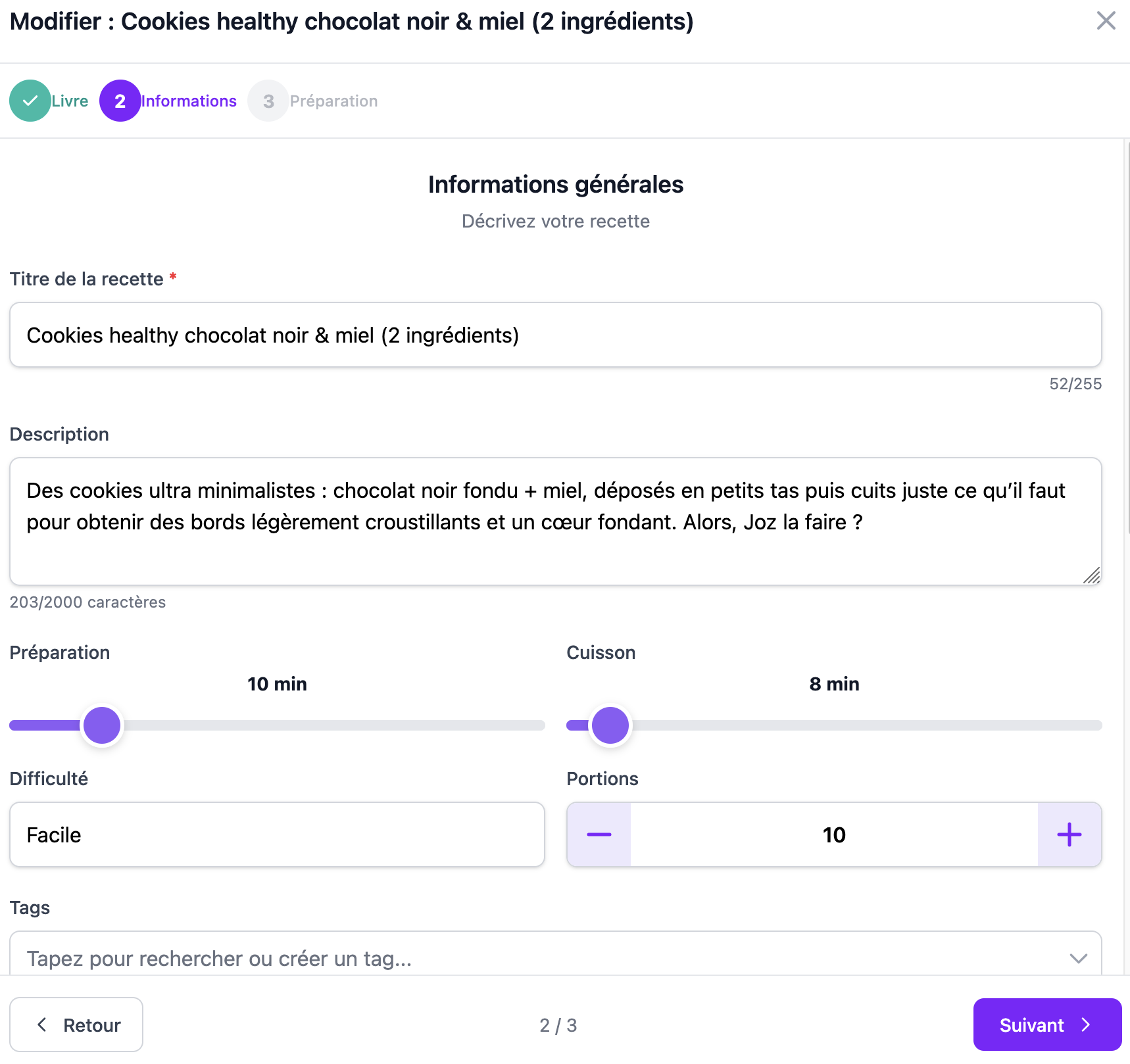Relecture des informations de la recette importée