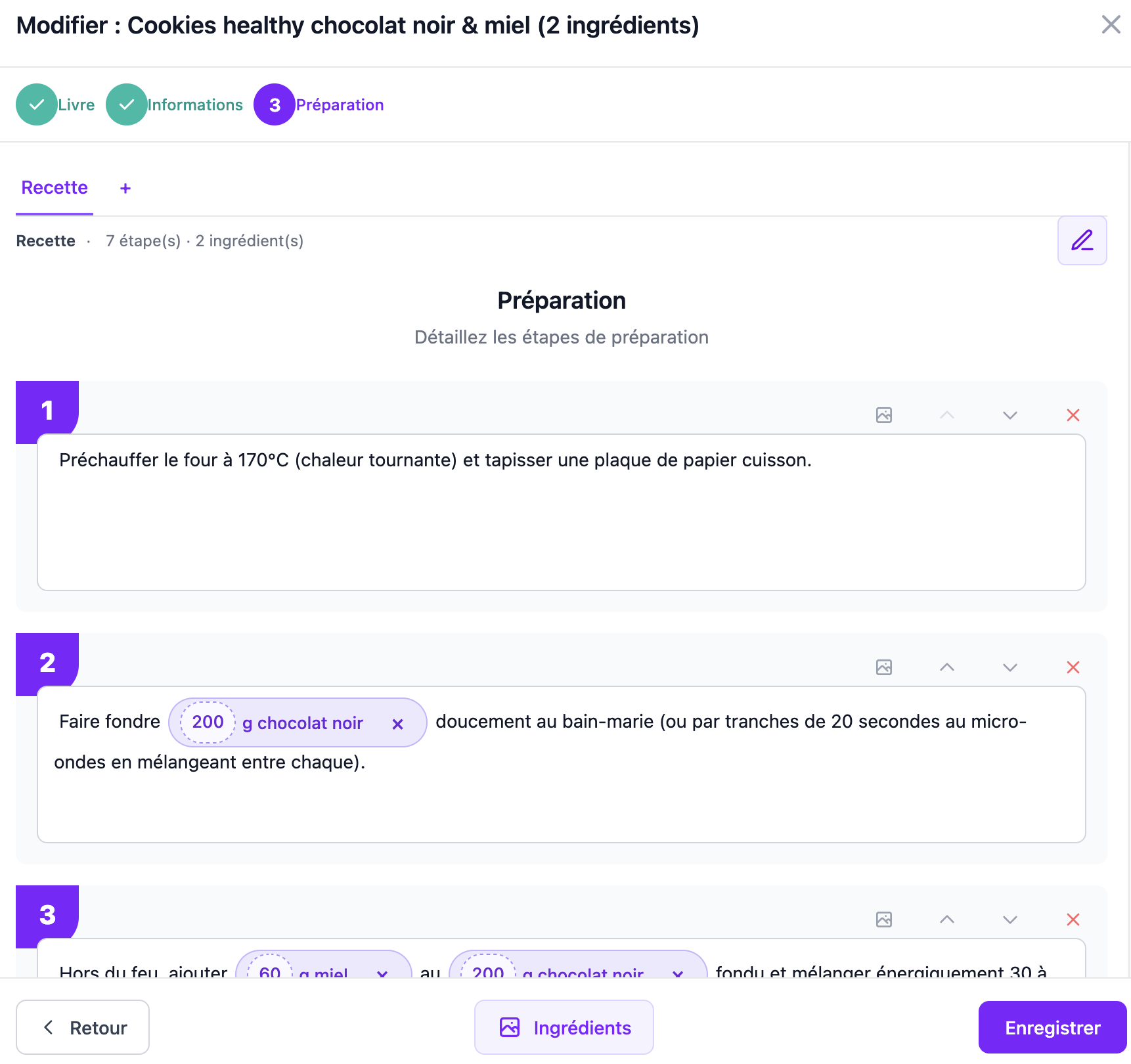 Vérification des étapes de la recette importée