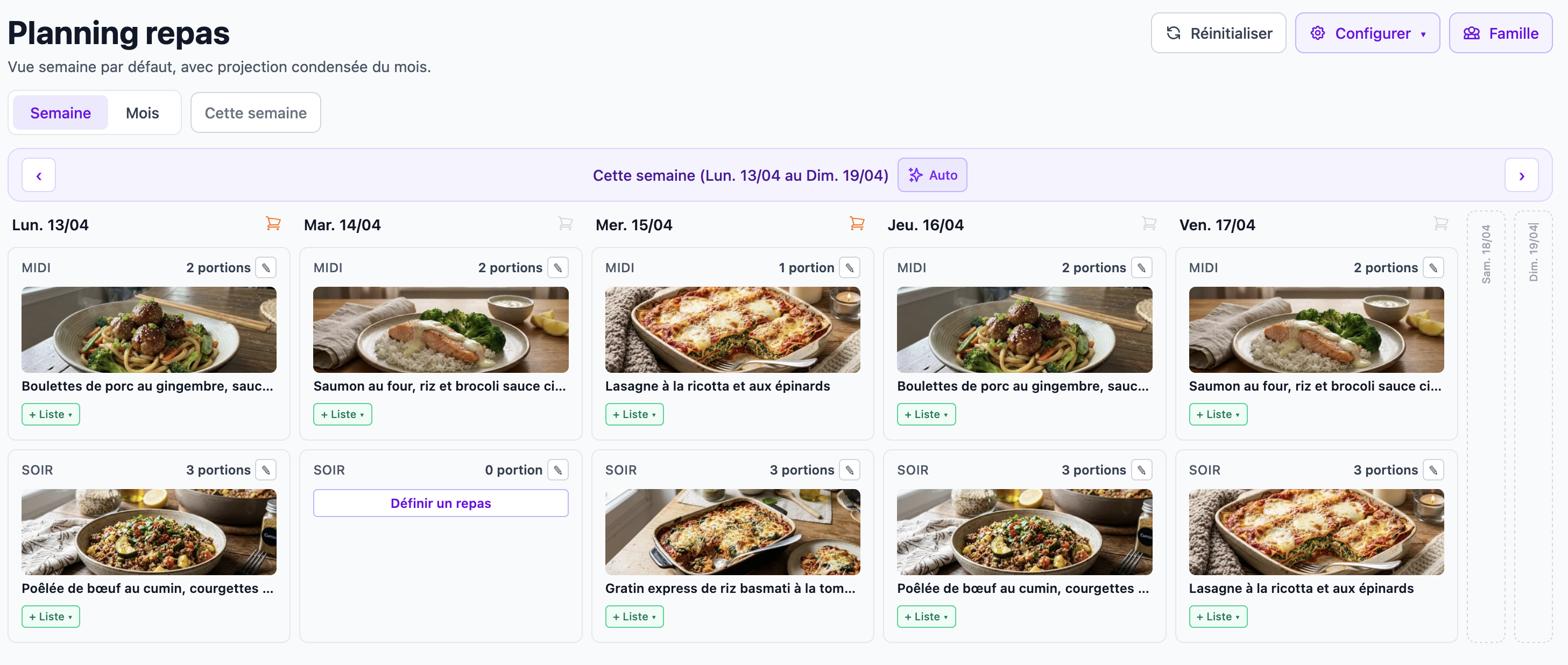 Planning de repas hebdomadaire avec vue semaine et glisser-déposer des recettes